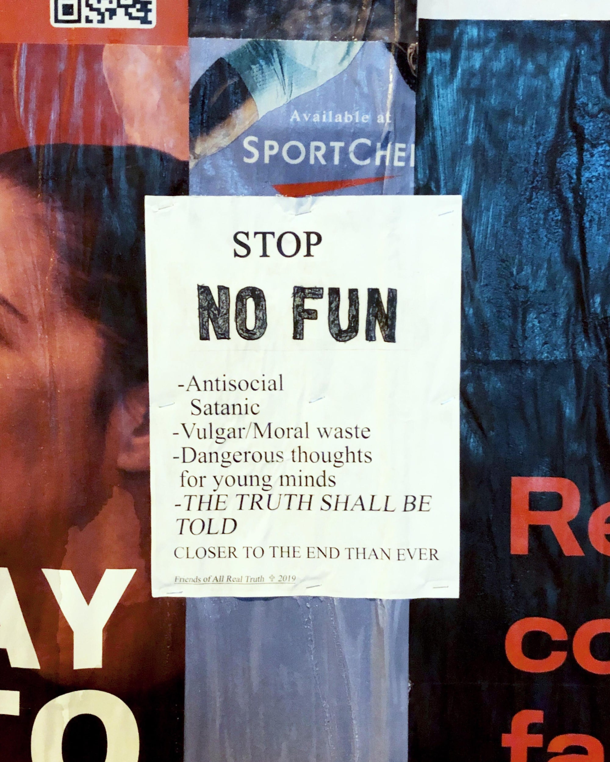 Image of a poster that inspired our "Closer" t-shirt.  The poster is warning people about NO FUN®.