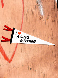A white pennant with red ties and black band against a painted wood sheet of plywood  The phrase " I  ❤️ Aging & Dying" is printed in horizontally in black, with a read heart.