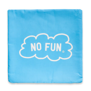 The back side of the Frog pillowcase by No Fun®. Pillowcase is blue, and the No Fun® logo is found within a cloud.