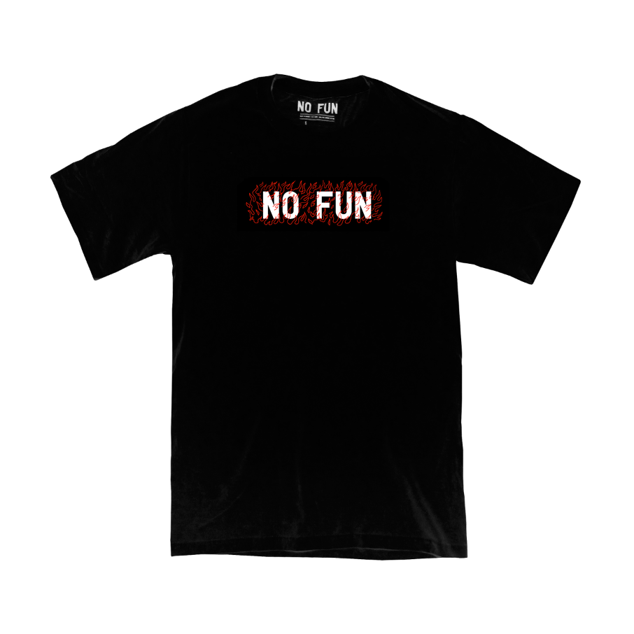 Photo of "No Fun®" "Fire" T-shirt against a white background.  T-shirt is black, and features a white "No Fun®" logo surrounded by red linework flames.  The graphic is in the center, on the front of the t-shirt.