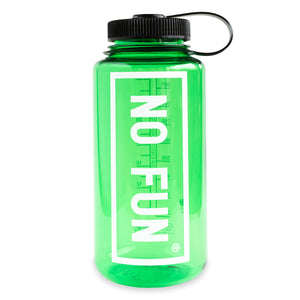 The Nalgene® + No Fun® 32oz bottle.  Bottle is lime green, with a black lid.  There is a large "No Fun®" logo in white on the front.  