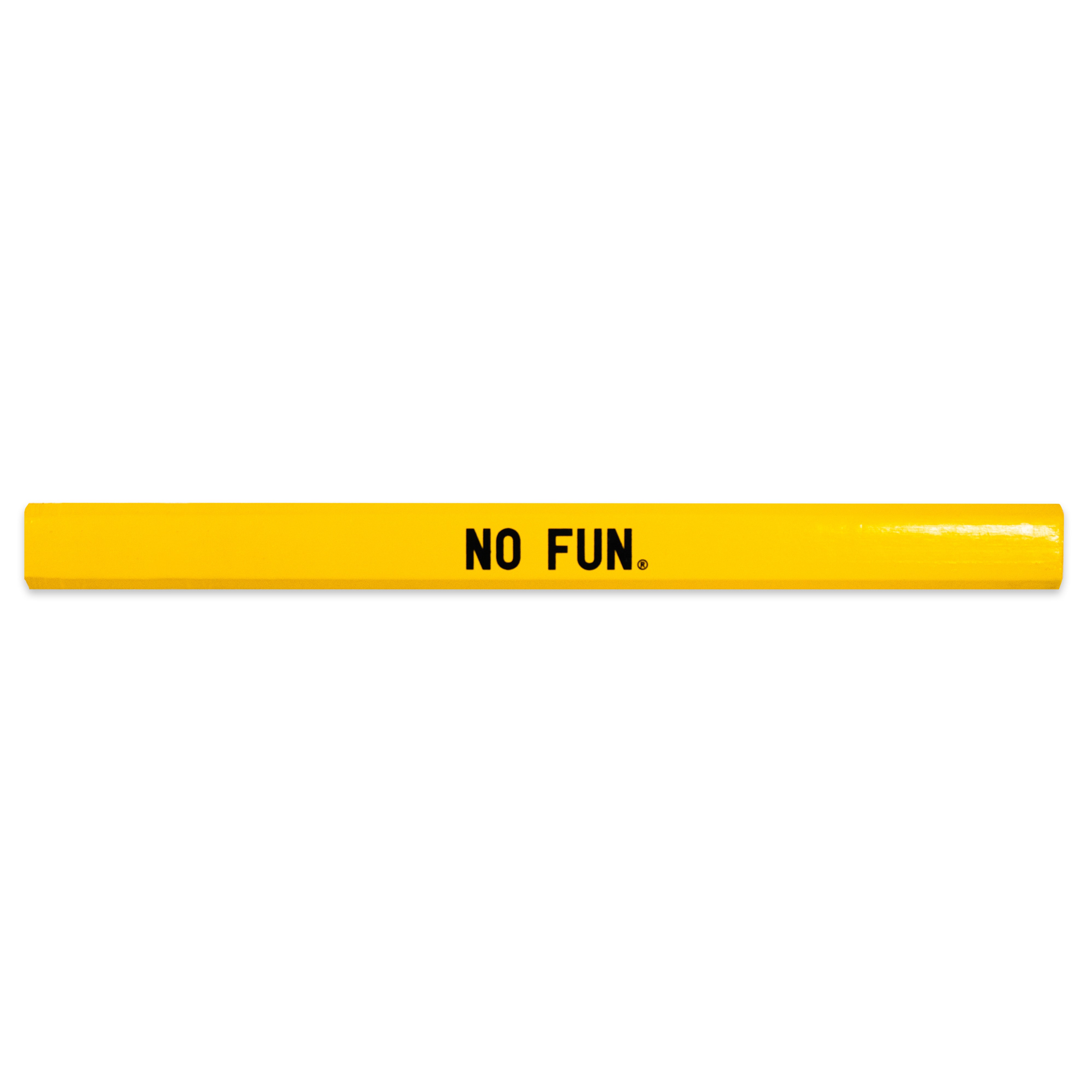 A yellow, unsharpened carpenter pencil. There is a small No Fun® logo in the side in black in the center of the pencil.