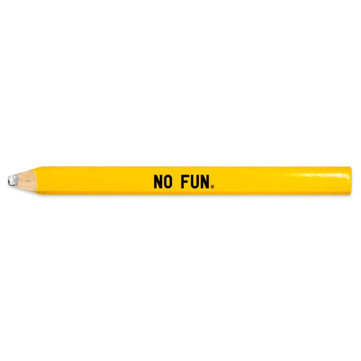 A yellow carpenter pencil with a sharpened tip.  There is a small No Fun® logo in the side in black in the center of the pencil.