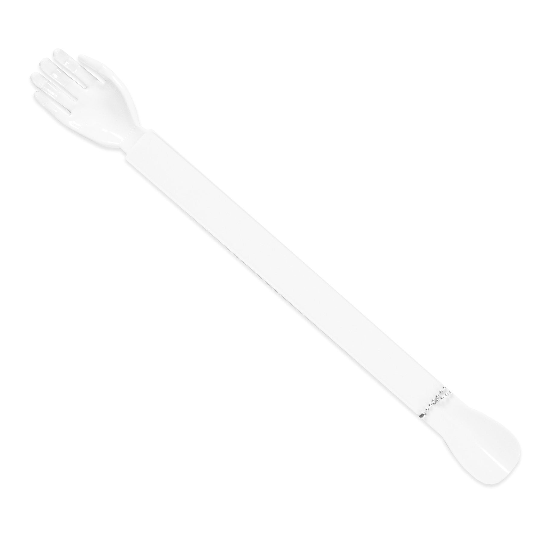 Photo of a white double ended shoe horn and back scratcher against a white background.  A chain to hang the item is visible in the picture.