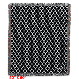 The original "Chainlink" Woven Blanket from No Fun®.  Woven blanket is black, with white chainlink design and is photographed flat against a white background.  There is a small "No Fun®" logo in the bottom right-hand corner of the blanket.  There is read text that reads "50" X 60" in the bottom left-hand corner, specifying the blankets size.