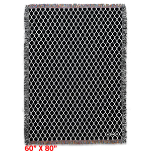 The original "Chainlink" Woven Blanket from No Fun®.  Woven blanket is black, with white chainlink design and is photographed flat against a white background.  There is a small "No Fun®" logo in the bottom right-hand corner of the blanket.  There is read text that reads "60" X 80" in the bottom left-hand corner, specifying the blankets size.