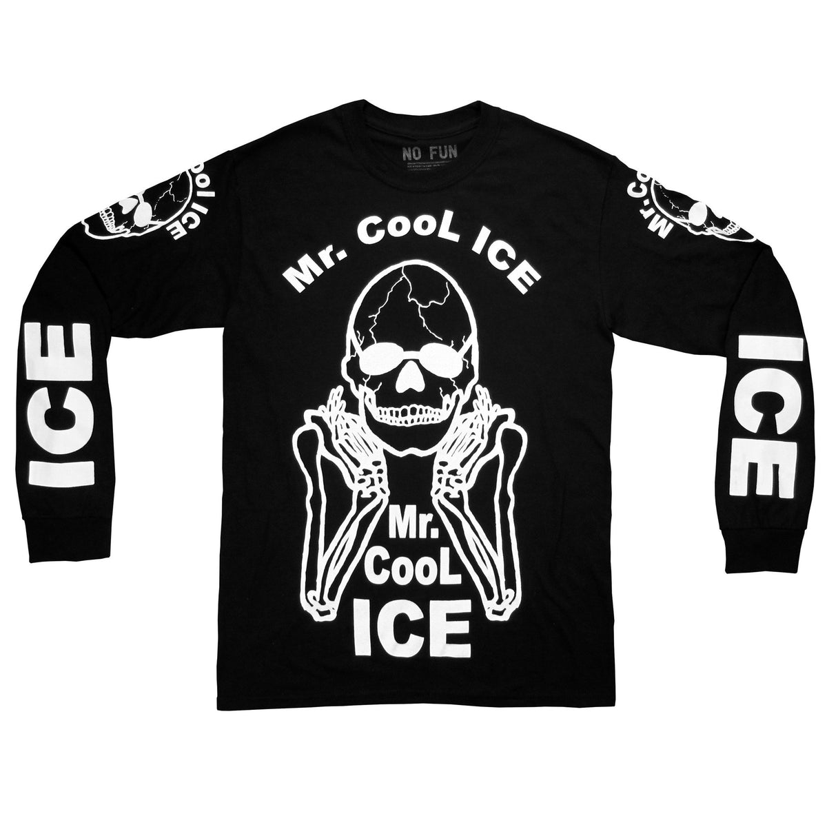 Front of the Mr. Cool Ice shirt by No Fun®. Shirt references a man who had bones and the words "Cool Ice" tattooed all over his body.