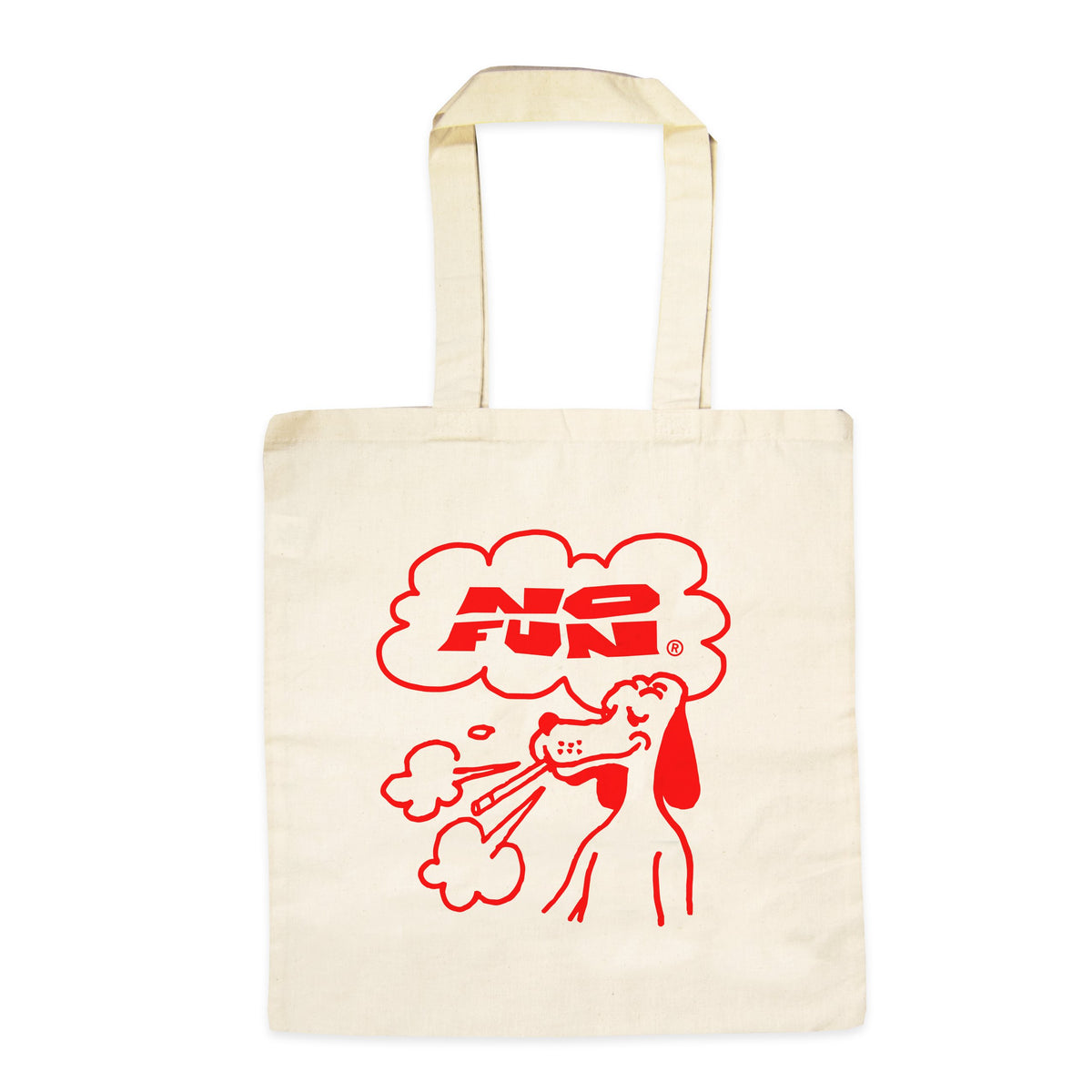 Canvas tote bag with red print of dog smoking and "No Fun"® cloud logo.