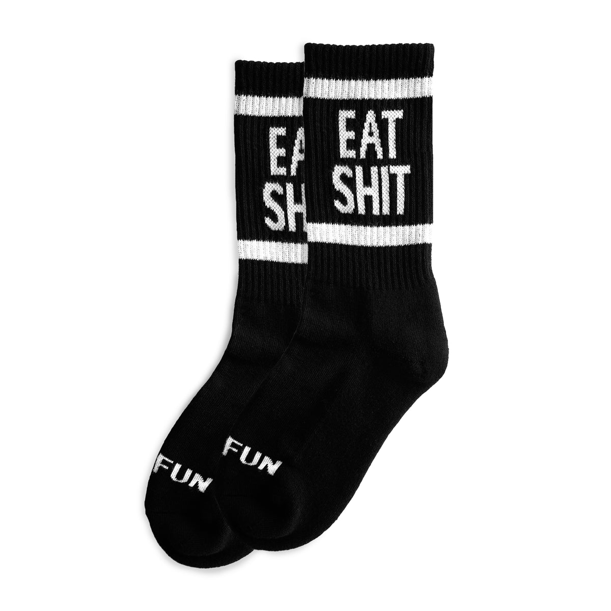 "Eat Shit" Socks by No Fun®. Crewneck hight socks are black, with black heel and toe cap. The phrase "Eat Shit" is woven in white into the leg of the sock. There is a white band found above, and below the "Eat Shit" text. "No Fun®" is woven in white, just above the black toecap on the top.