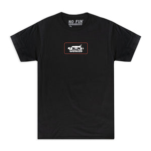 Black t-shirt with a chest print. Print is a drawing of a limo with smoke coming out of it, sized ~4" wide. Text underneath the car says "Don't call us, we'll call you".