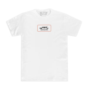 White t-shirt with a chest print. Print is a drawing of a limo with smoke coming out of it, sized ~4" wide. Text underneath the car says "Don't call us, we'll call you".