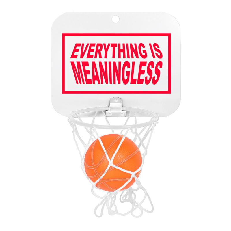 Wal mount basketball game with big red "Life is Meaningless" print on backboard. Comes with net, ball, and suction cups for mounting.