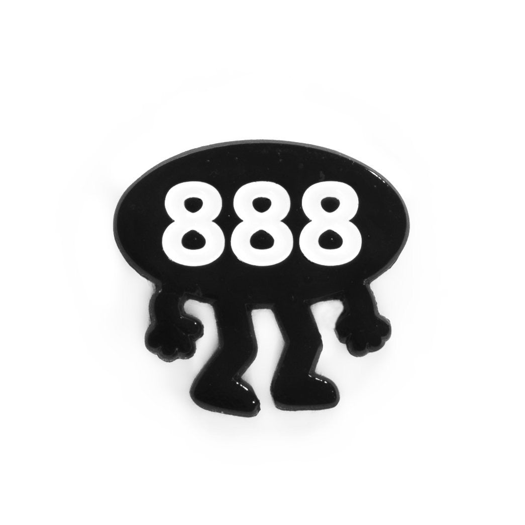Lapel pin of an anthropomorphized "888" logo from NO FUN®