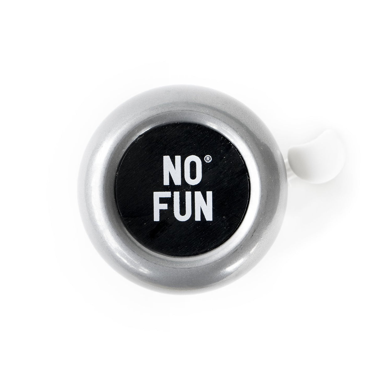 Official "NO FUN®" bicycle bell.  Bell is fabricated with metal and plastic, and features a black disk in the center with white "NO FUN®" branding.