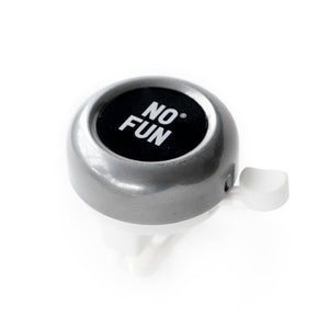 Official "NO FUN®" bicycle bell. Bell is fabricated with metal and plastic, and features a black disk in the center with white "NO FUN®" branding.