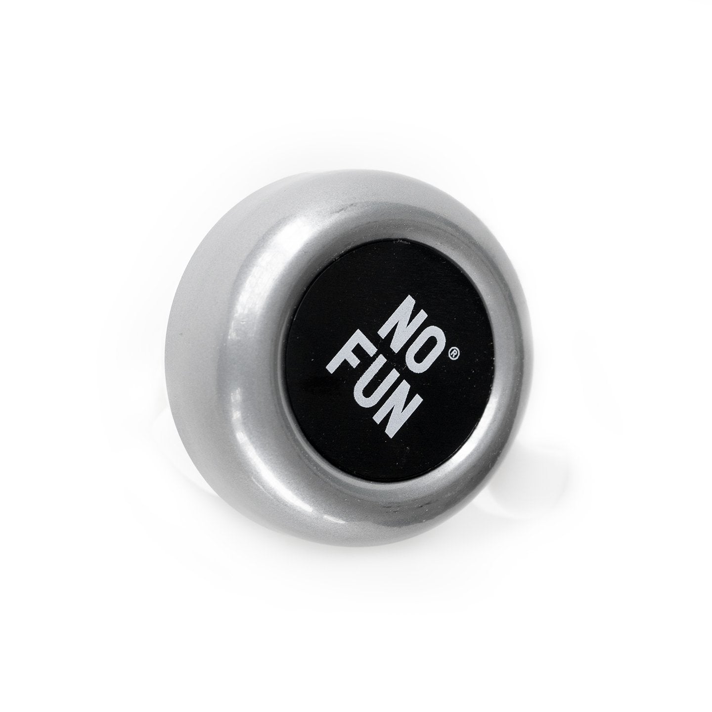 Official "NO FUN®" bicycle bell. Bell is fabricated with metal and plastic, and features a black disk in the center with white "NO FUN®" branding.