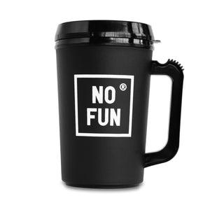 "Big Sipper" Mug in Black by No Fun® against a white background. Mug has a black lid. There is a square "No Fun®" logo printed in white on one side which is visible.