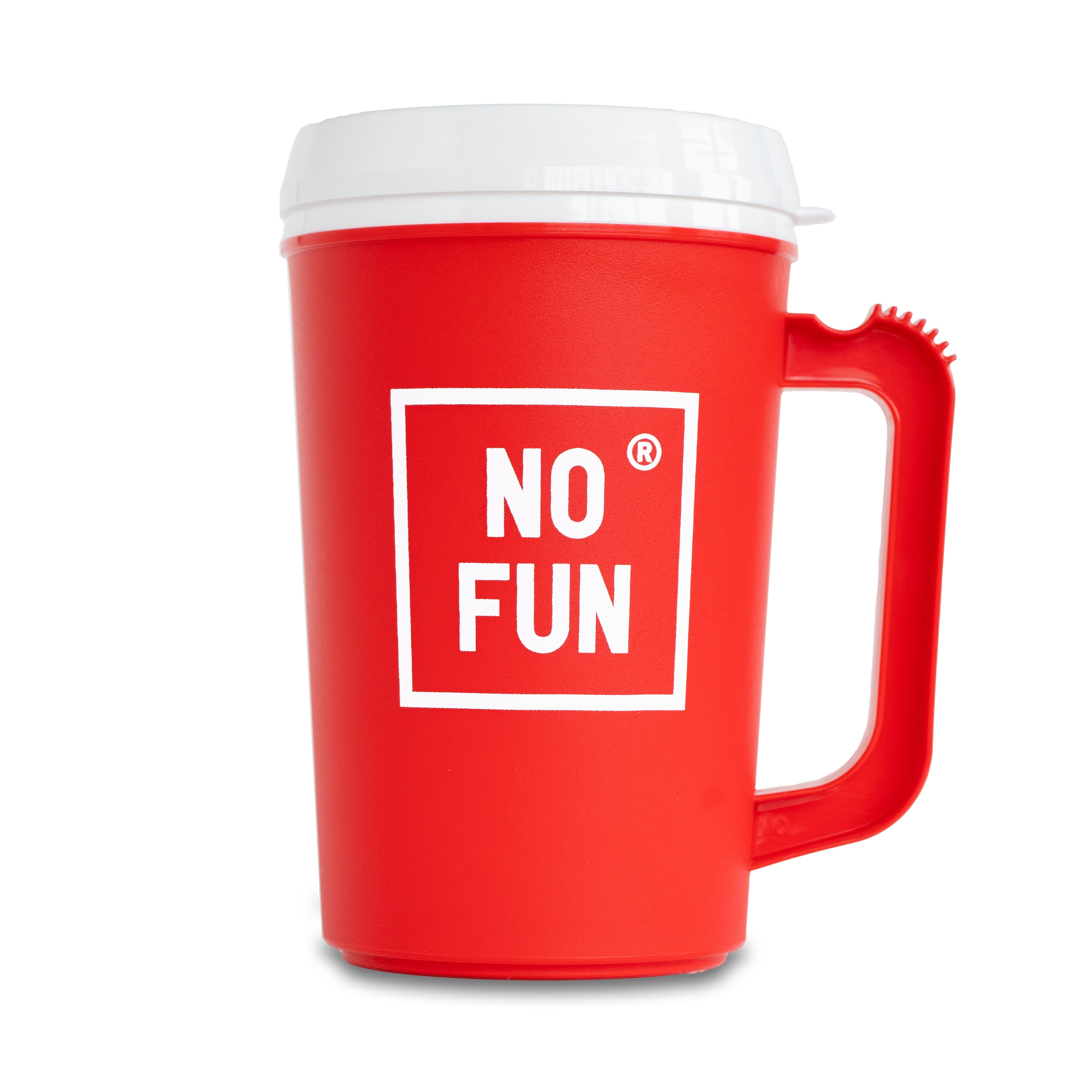 "Big Sipper" Mug in Red by No Fun® against a white background.  Mug has a white lid. There is a square "No Fun®" logo printed in white which is visible.