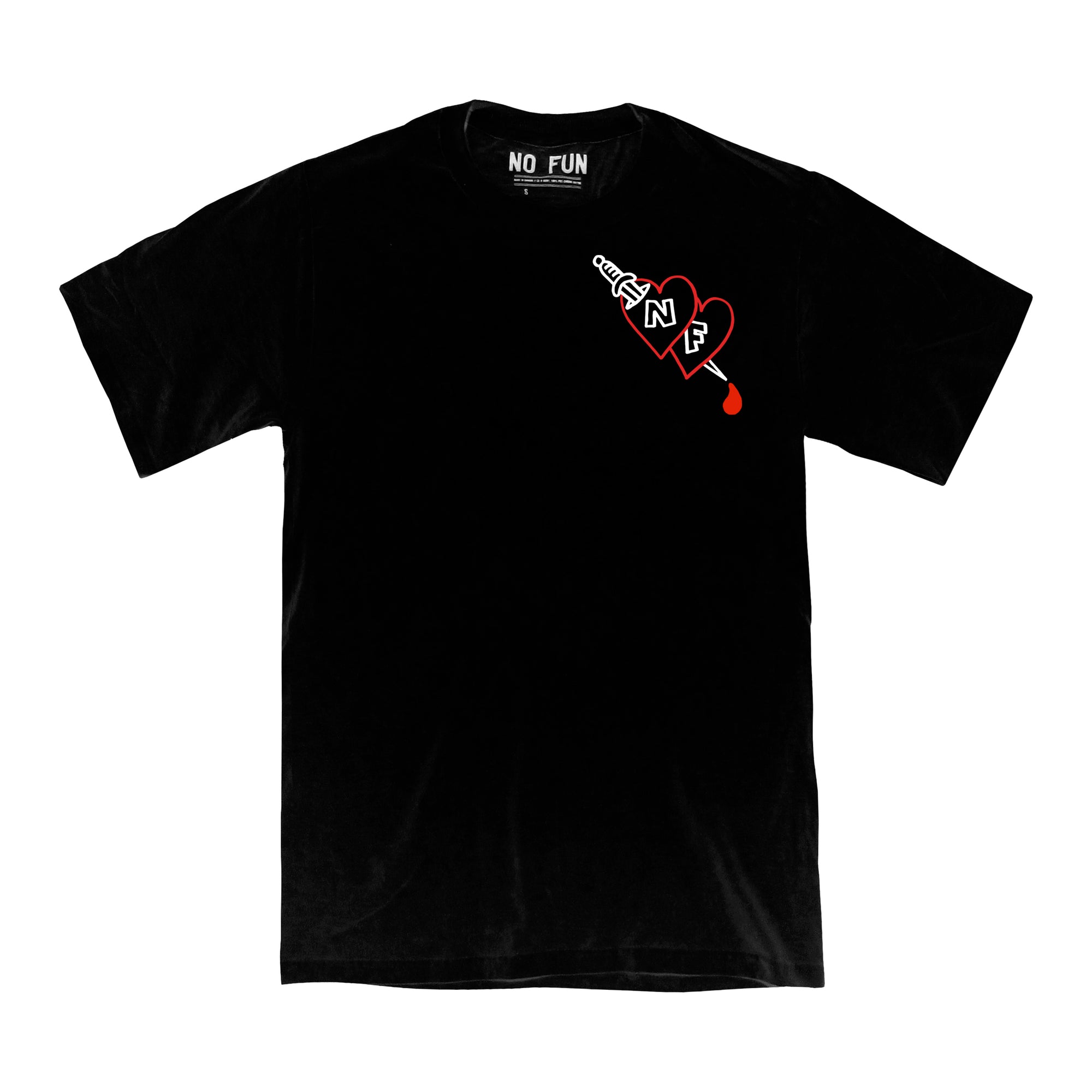 Photo of the "No Fun®" "Bleeding Hearts" T-shirt. The t-shirt is black, and photographed against a white background. The front of the shirt features a small graphic of two red hearts being pierced by a dagger. The letters "N", and "F" can be found within the hearts.