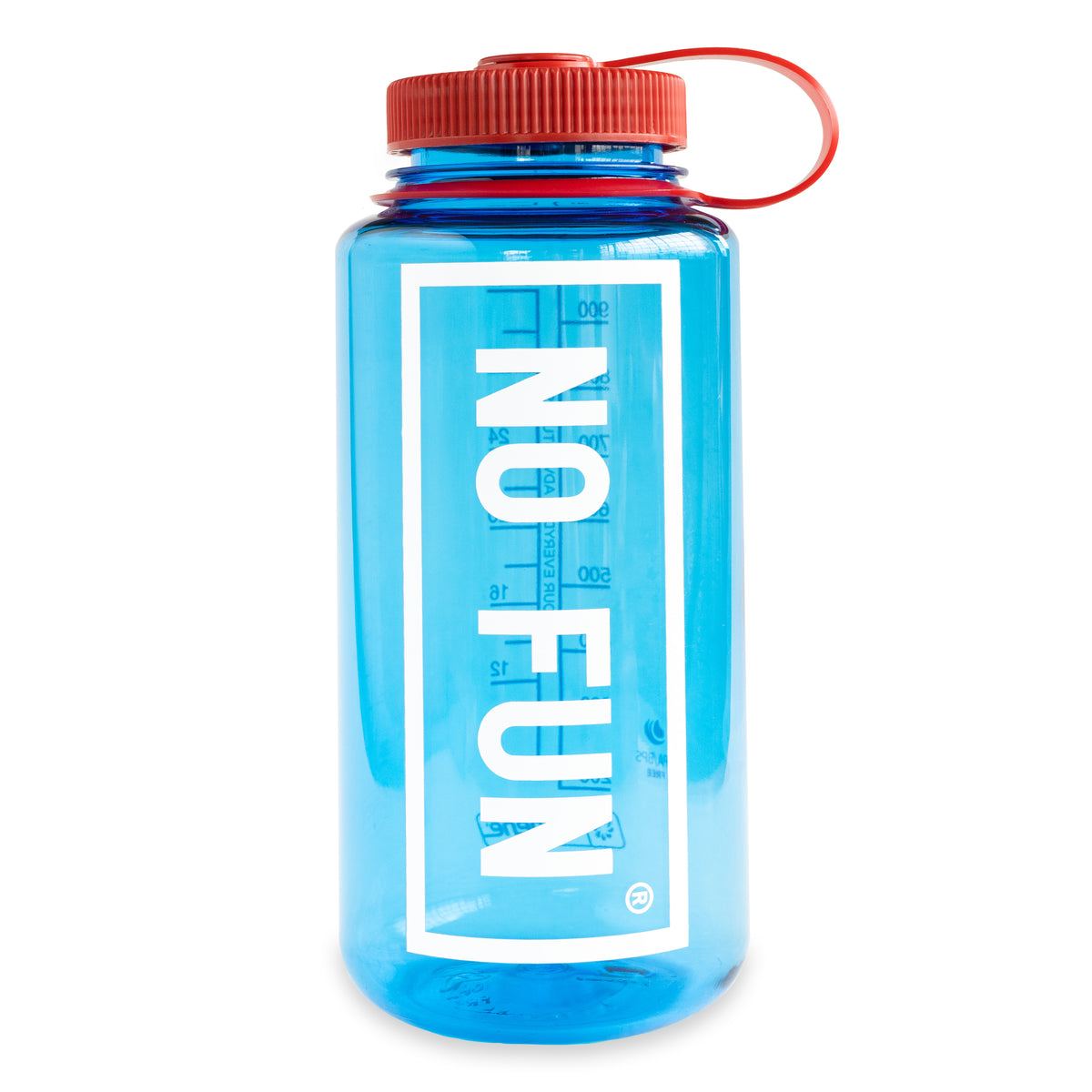 The Nalgene® + No Fun® 32oz bottle.  Bottle is blue, with a red lid.  There is a large "No Fun®" logo in white on the front.  