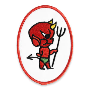 The "Devil" Patch by No Fun®.  Patch is a white oval with a red border.  There is a red devil in the center that has yellow horns and green shorts.  The devil is also holding a pitchfork.