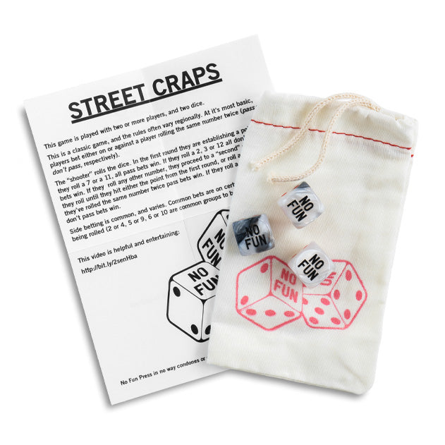 All the items that come with the "No Fun®" Dice Set.  An pamphlet is included that provides the rules for various dice games, as well as a cream coloured drawstring bag for holding the dice.