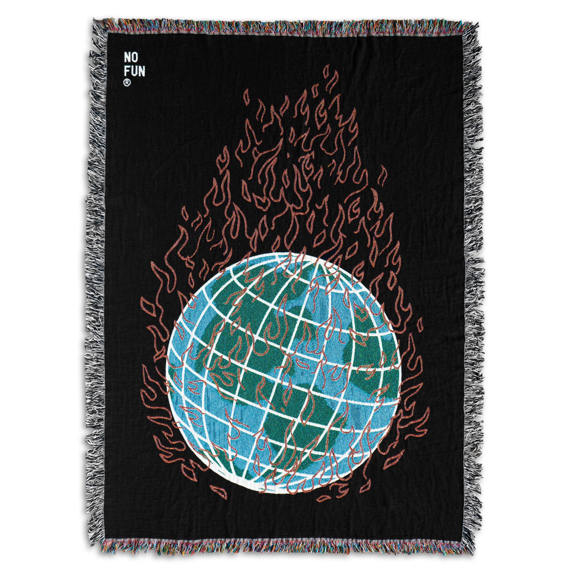 The "Global Warming" Woven Blanket by No Fun®.  The blanket is black, and features a globe in the center engulfed in flames.  The globe is blue and green, and the flames are red.  There is a small "No Fun®" logo found in the top left hand corner of the product.