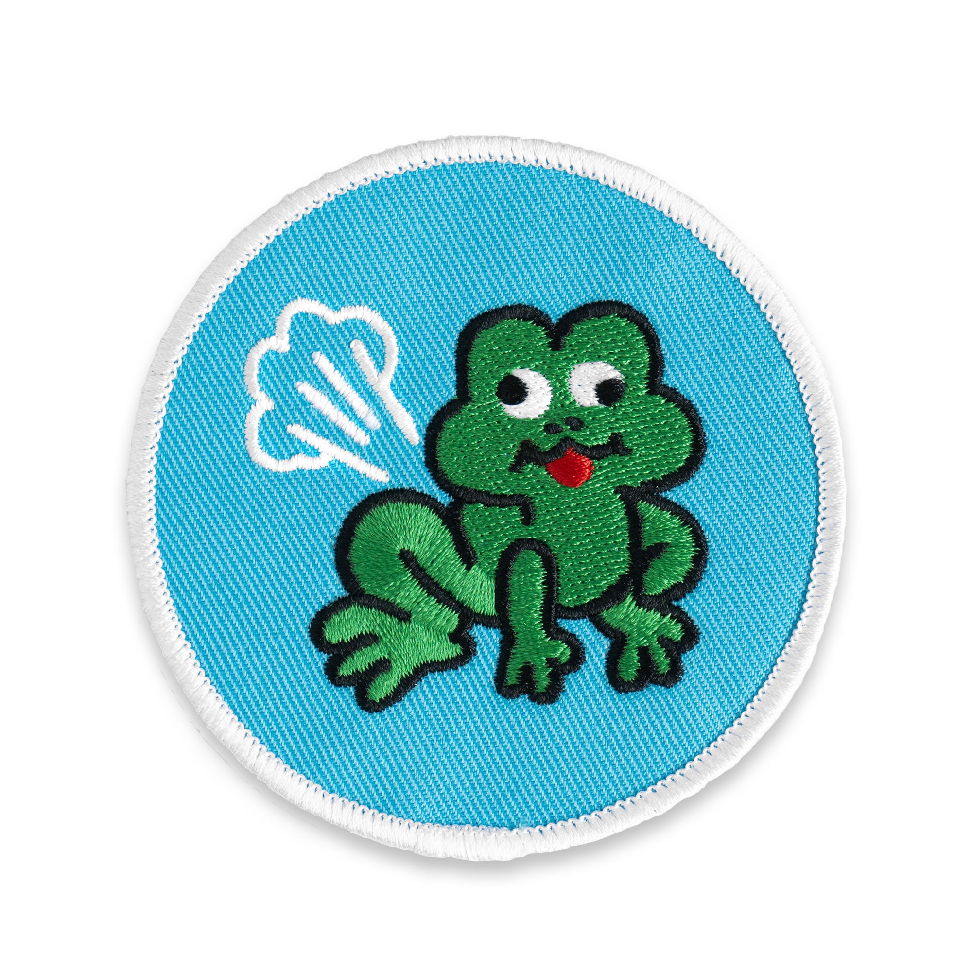 The "Farting Frog" Patch by No Fun®.  Patch is blue with white boarder.  There is a green cartoon frog in the center of the patch with a silly expression.  His tongue is out, and there is a fart cloud emanating from the frogs butt.
