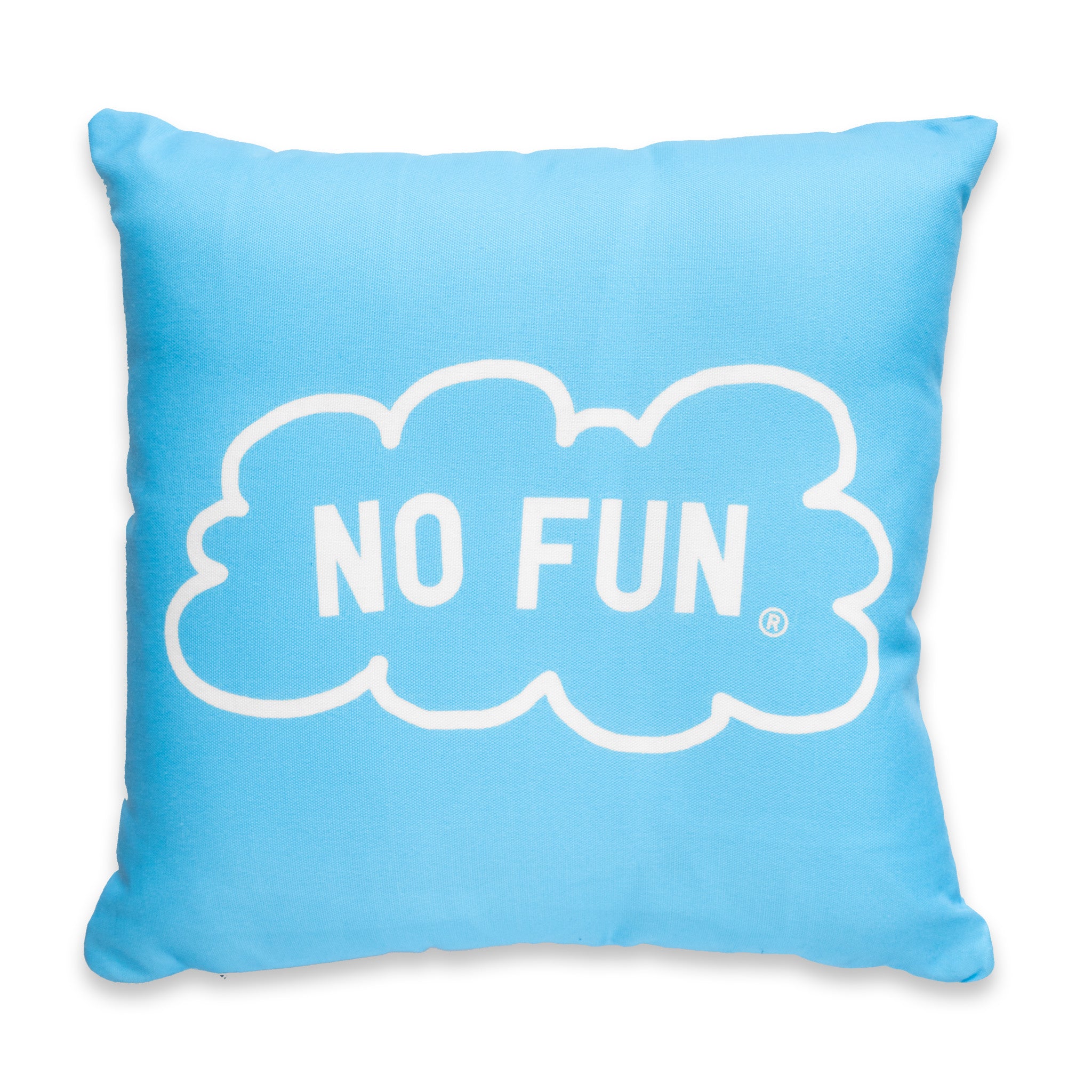 The back side of the Frog pillow by No Fun®.  Pillow is blue, and the No Fun® logo is found within a cloud.