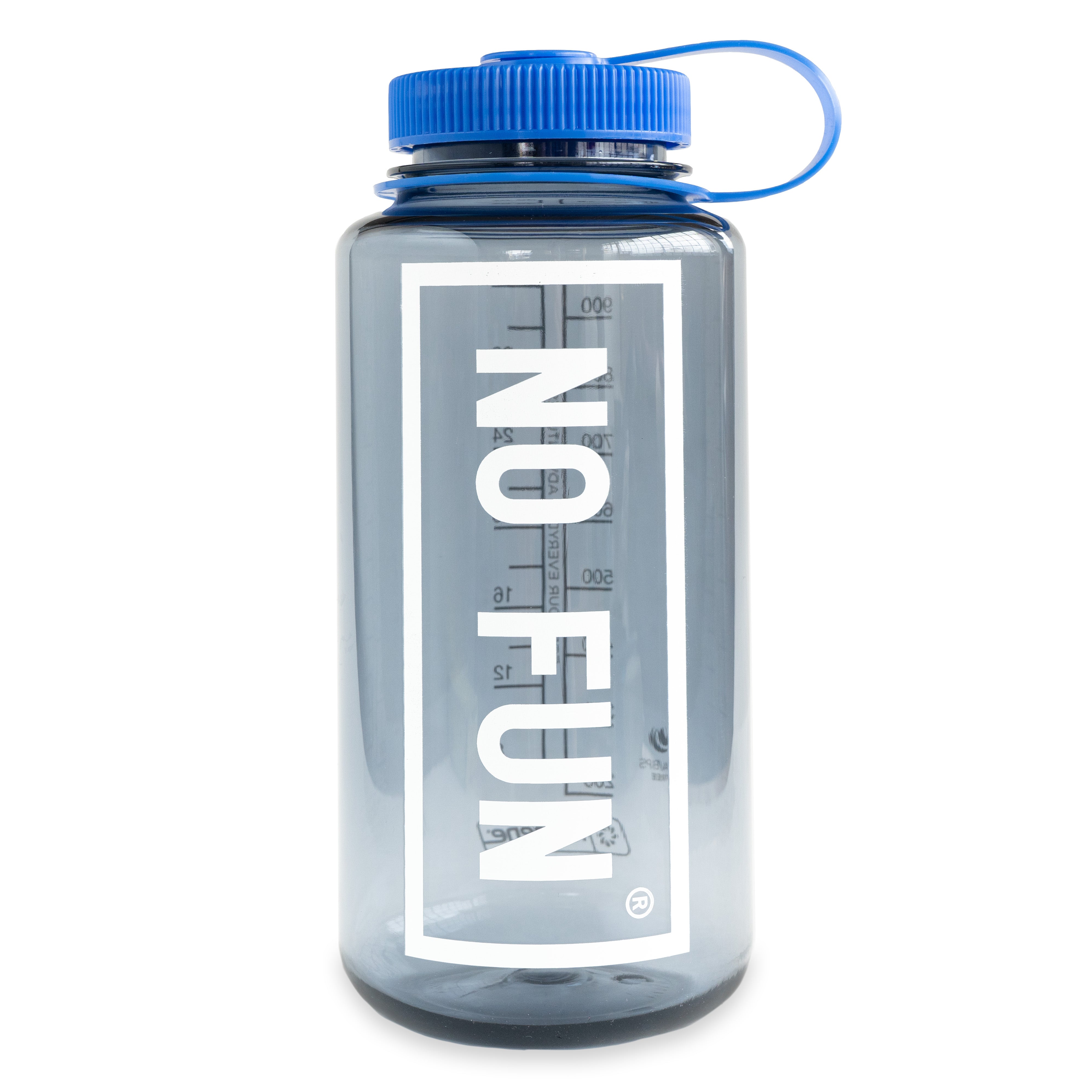 The Nalgene® + No Fun® 32oz bottle.  Bottle is grey, with a blue lid.  There is a large "No Fun®" logo in white on the front.  