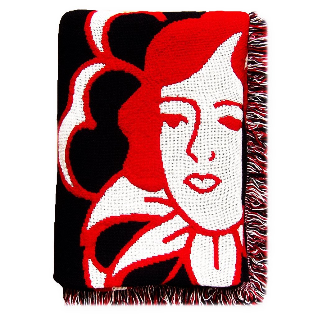 No Fun Press "Rose" woven blanket. Woven from 100% cotton in red, white, and black, at 48" x 68"  