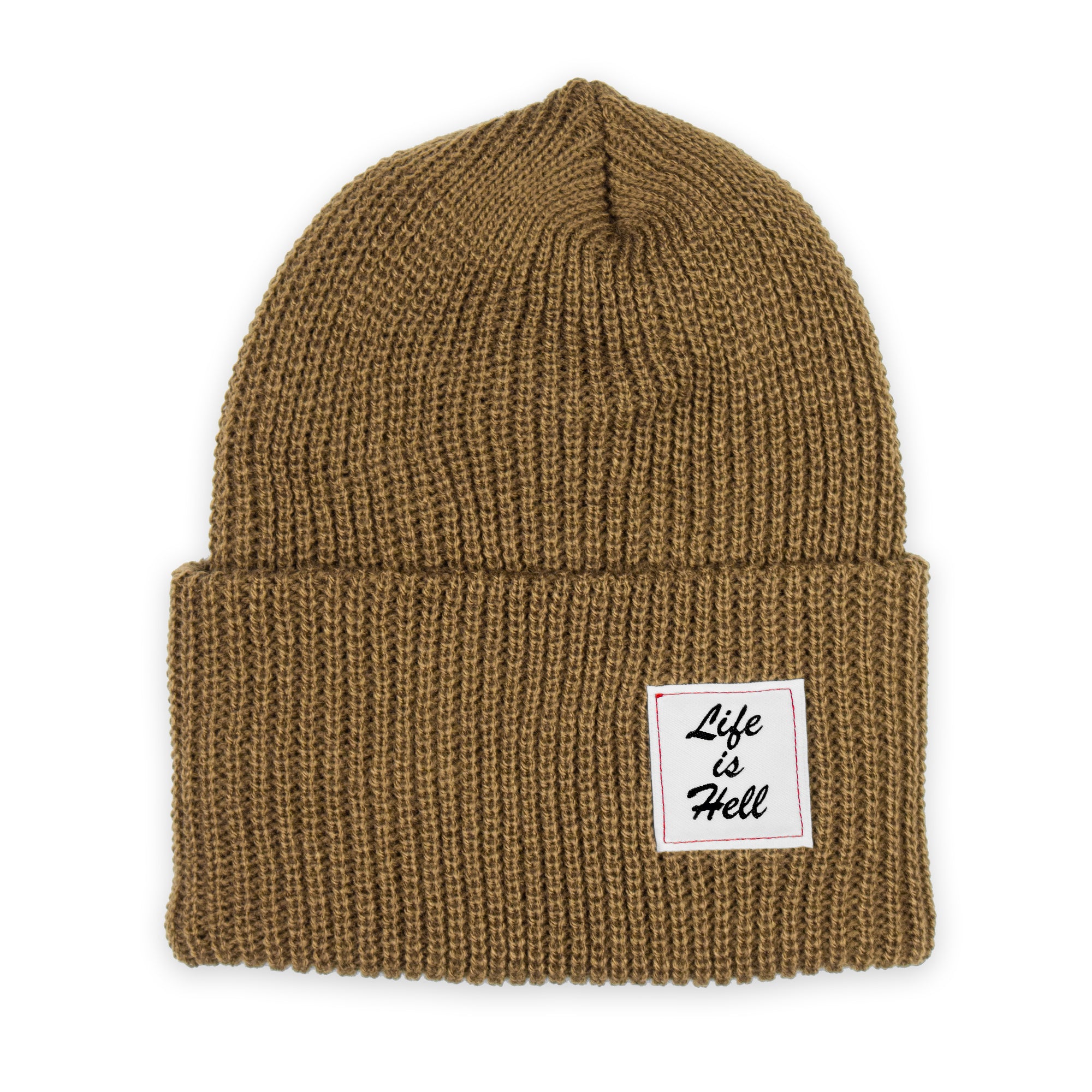 Photo of the "Life is Hell" Beanie by No Fun®.  Product is photographed against a white background.  Beanie is tan, and features a small white woven label on the cuff that reads "Life Is Hell".  Label is white, with black text, and red contrasting stitching.