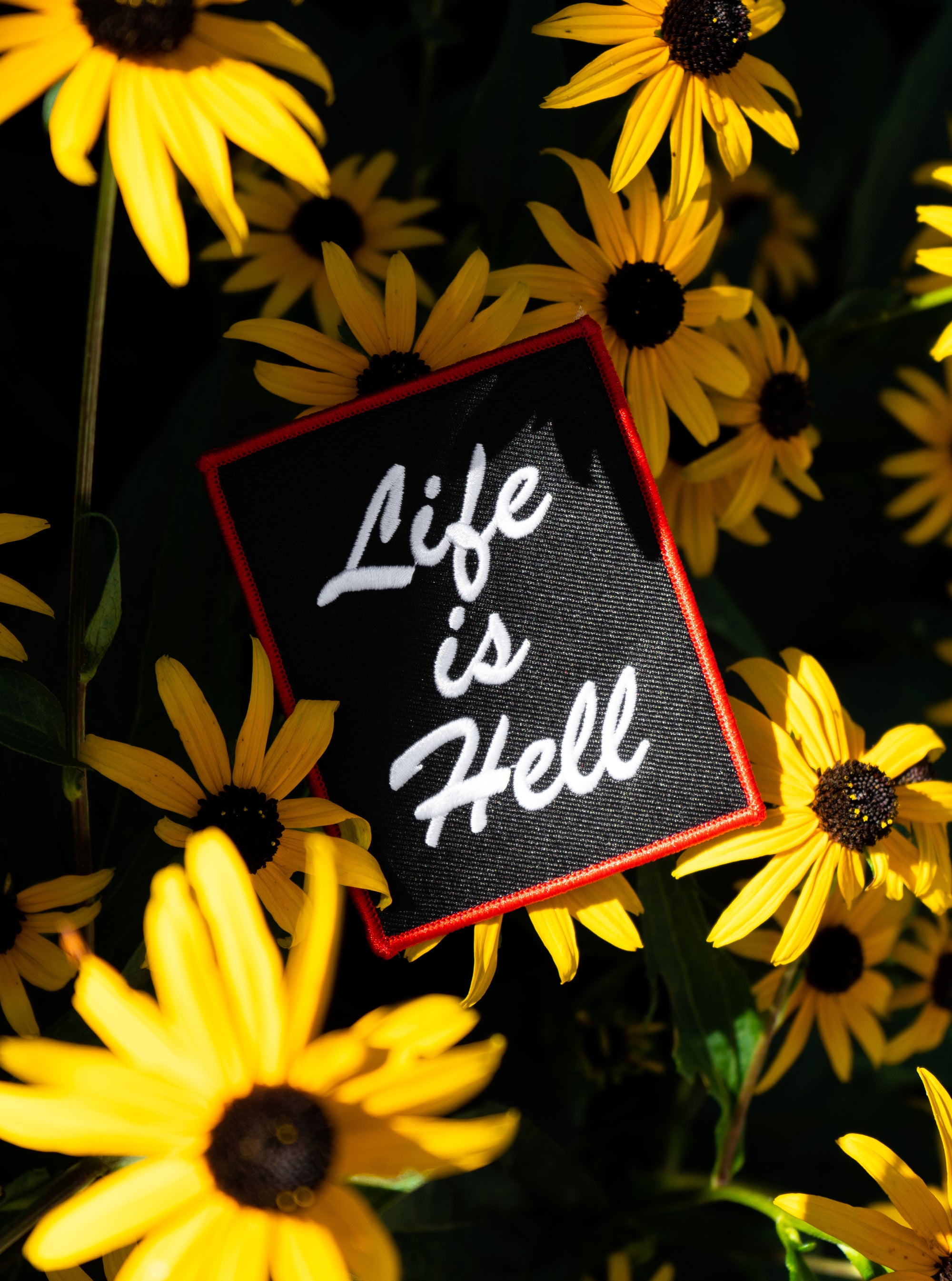 Official "NO FUN®" patch which reads "LIFE IS HELL". The patch features white, embroidered text with a red embroidered edge. Photo shows the patch in its natural habitat, nature.