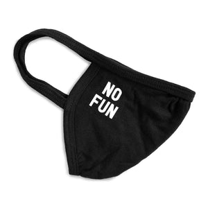 Photo of the "No Fun®" Face Mask.  The product is black and is photographed against a white background.  The mask features a small "No Fun®" logo in white near the ear strap.