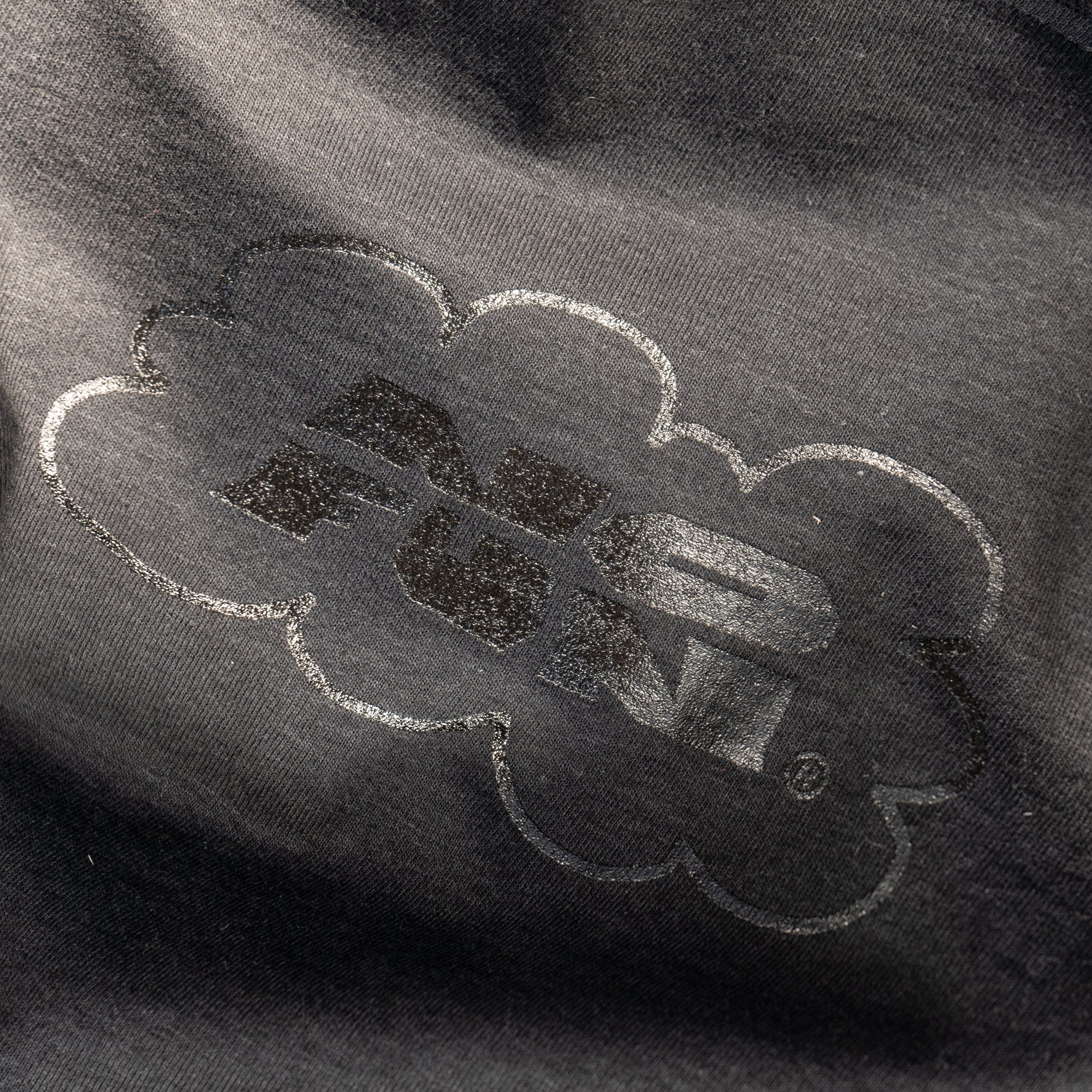 Detail of the black print on the "Black Cloud" t-shirt. Print is of a custom No Fun® logo in a cloud.