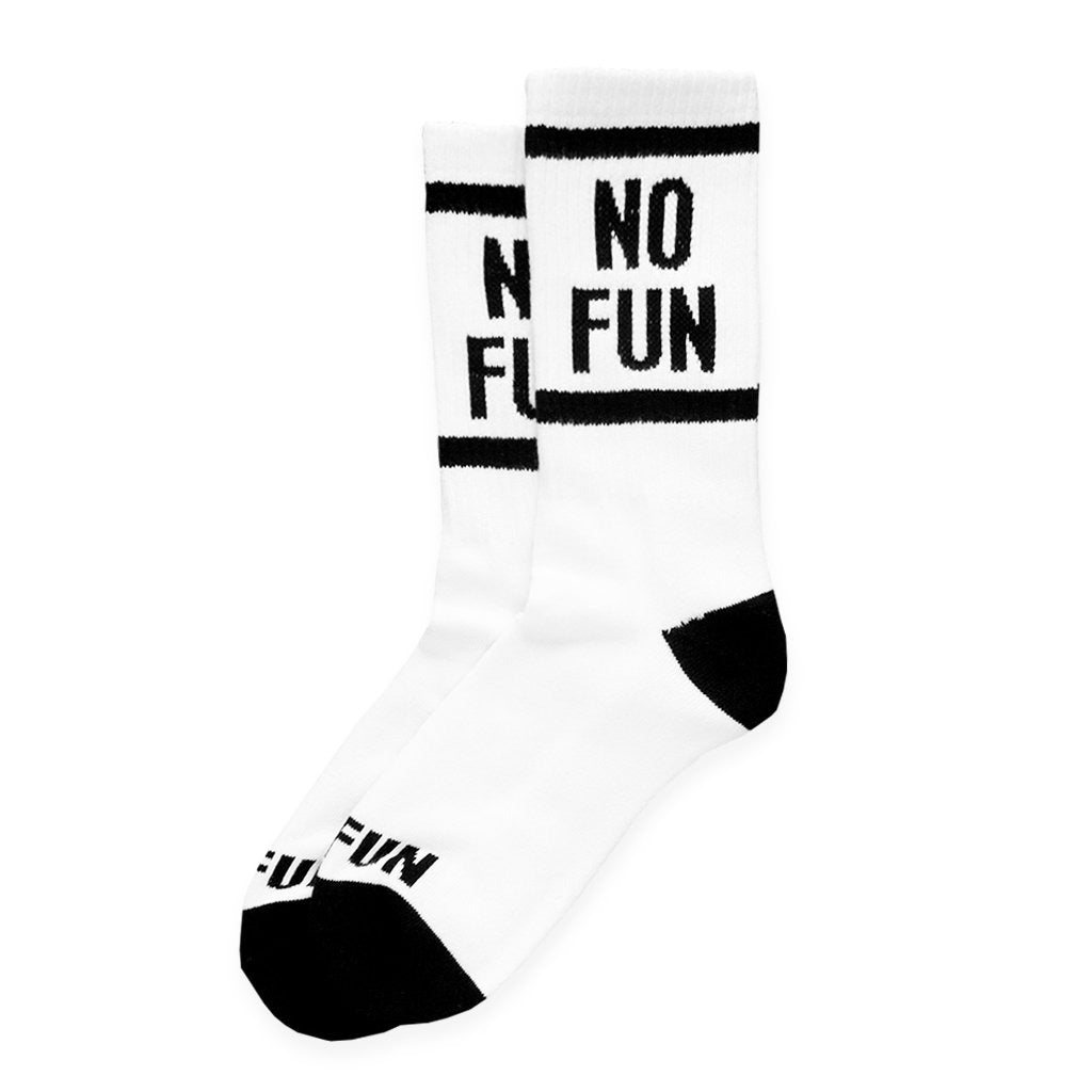 "No Fun®" Socks by No Fun®. Crewneck hight socks are white, with black heel and toe cap. The phrase "No Fun®" is woven in black into the leg of the sock. There is a black band found above, and below the "No Fun®" text. "No Fun®" is woven in black, just above the black toecap on the top.