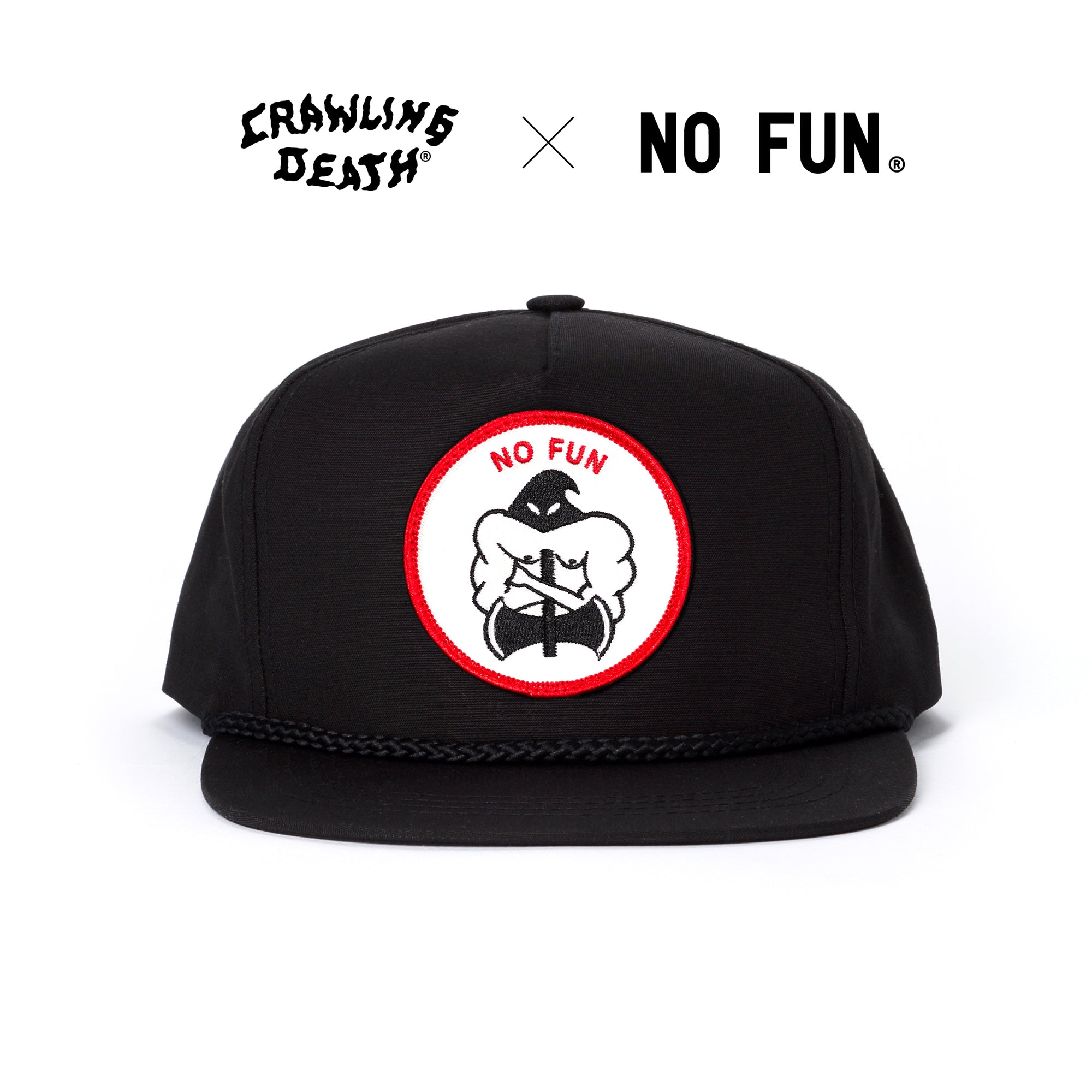Photo of the "NO FUN®" X "Crawling Death" collaboration black, strapback hat.  The hat features a white patch with red embroidered border.  The embroidered graphic on the patch is a black and white executioner, with red "NO FUN®" logo.