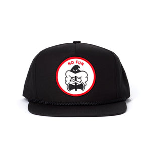 Photo of the "NO FUN®" X "Crawling Death" collaboration black, strapback hat. The hat features a white patch with red embroidered border. The embroidered graphic on the patch is a black and white executioner, with red "NO FUN®" logo.
