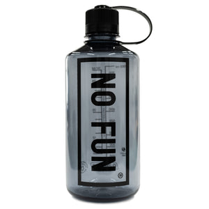 The Nalgene® + No Fun® 32oz narrow mouth bottle. Bottle is grey, with a black lid. There is a large "No Fun®" logo in black on the front.