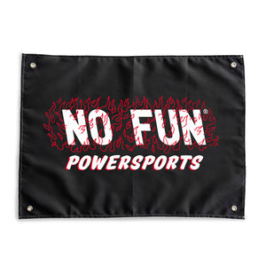 The No Fun® "Powersports" Wall Tapestry.  Tapestry is black, and features the phrase "NO FUN® POWERSPORTS" in white.  There are red flames engulfing the text.  There is 1 grommet in each corner of the tapestry that are brass.