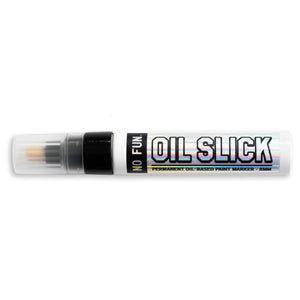 "Oil Slick™" Paint Marker by No Fun in Black.  Body of the marker is white, with black tip and felt tip nib.  There is a holographic sticker on the barrel of the marker that reads "No Fun®" Oil Slick, Permanent Oil-Based Paint Marker - 8mm".