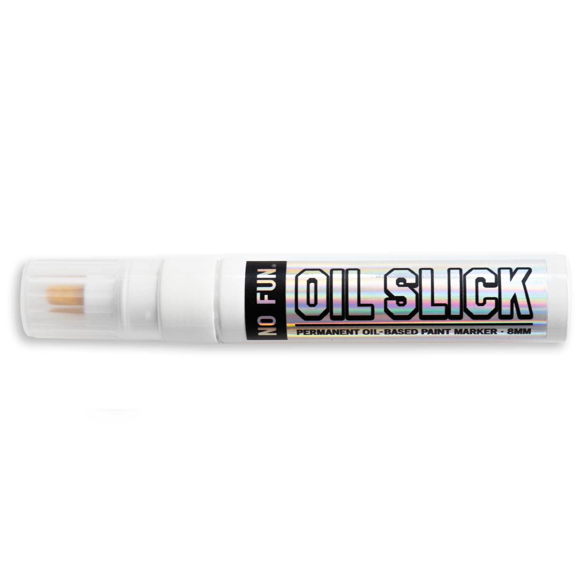 "Oil Slick™" Paint Marker by No Fun in silver. Body of the marker is white, with white tip and felt tip nib. There is a holographic sticker on the barrel of the marker that reads "No Fun®" Oil Slick, Permanent Oil-Based Paint Marker - 8mm".