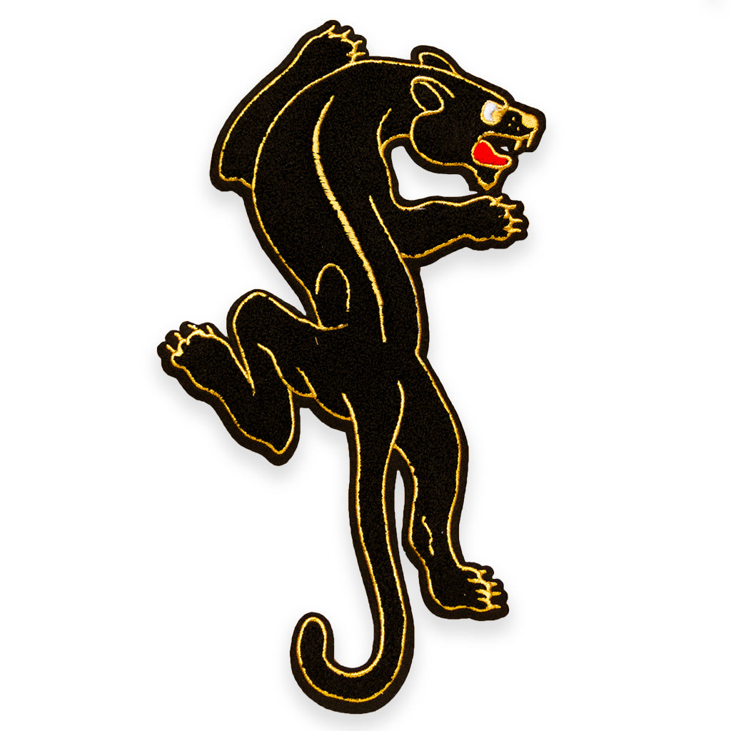 XL Chenille oversized back patch of classic Sailor Jerry style crawling panther. Patch is black chenille with red, and gold embroidery.