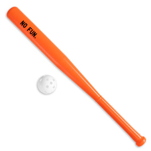 Plastic orange bat with a white ball that has holes.  Looks similar to a wiffle ball and bat set.  There is a black No Fun® logo on the barrel of the bat.
