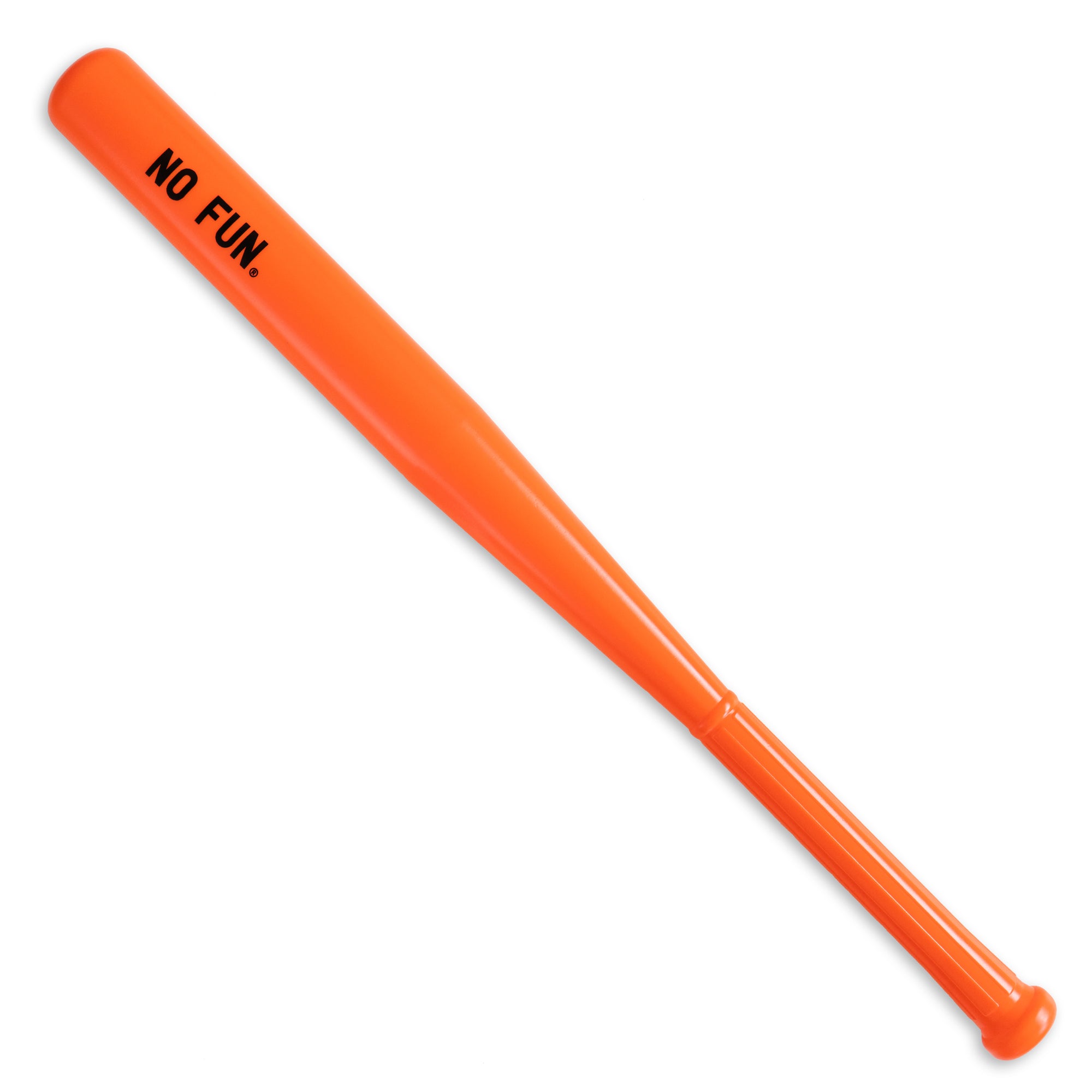 Plastic orange bat.  Looks similar to a bat used for wiffle ball.  There is a black No Fun® logo on the barrel of the bat.