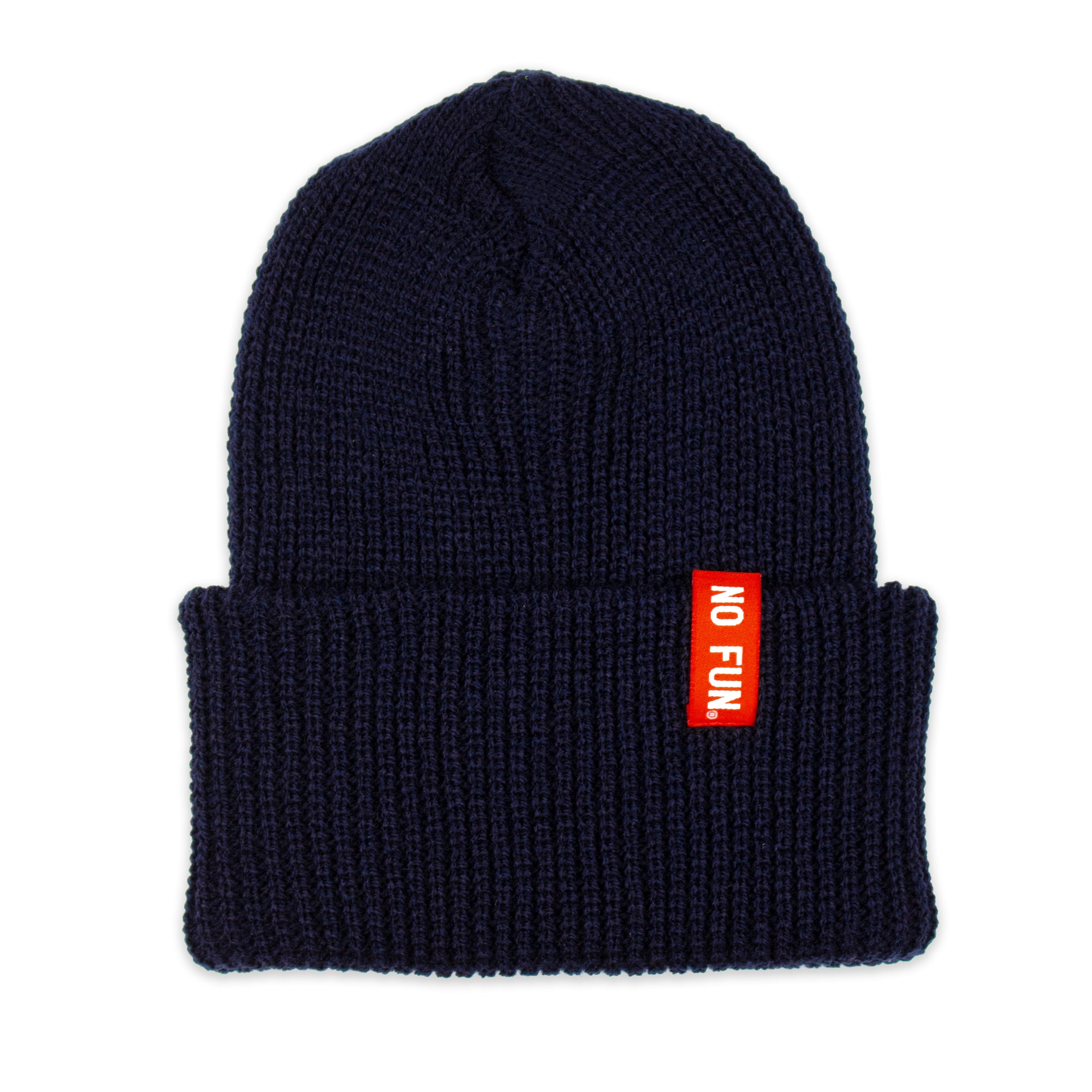 Photo of the "No Fun®" Ribbed beanie photographed against a white background.  Beanie is Navy Blue, and features a small, red, woven label that folds over the cuff.  The text on the red label says "No Fun®" in white.