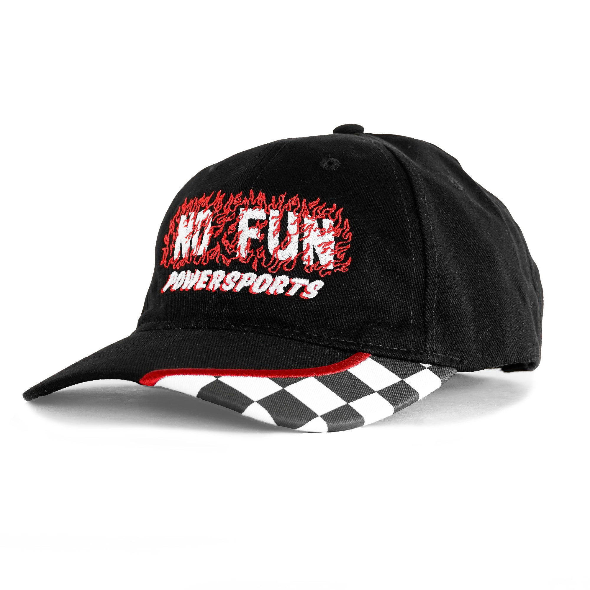 The "Speed" Hat in Tar Black by No Fun®.  The baseball style hat is black, with a black, white, and red checkerboard detail on the brim.  The text "No Fun® Powersports" is embroidered on the front in white, surrounded by red embroidery flames.
