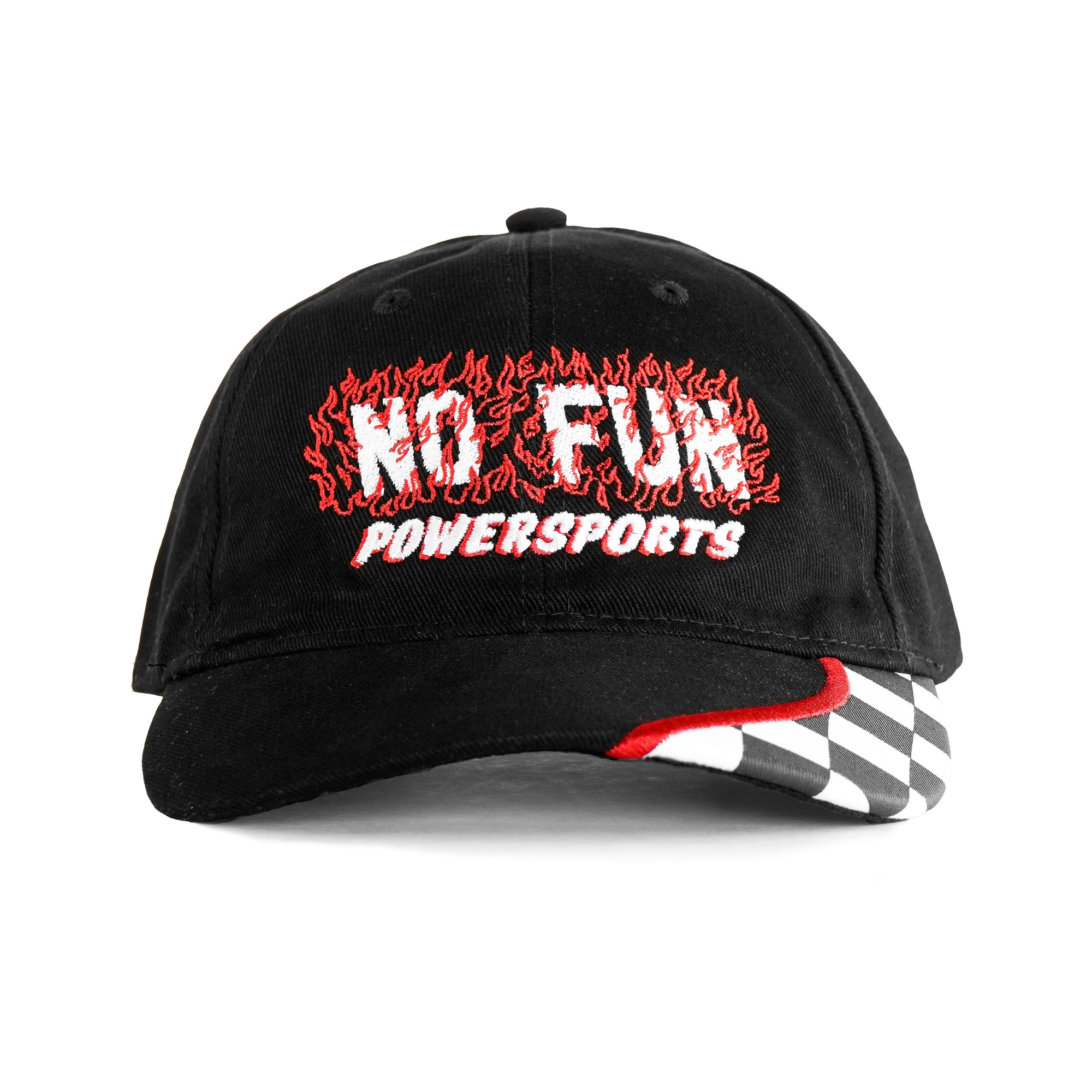 The "Speed" Hat in Tar Black by No Fun®. The baseball style hat is black, with a black, white, and red checkerboard detail on the brim. The text "No Fun® Powersports" is embroidered on the front in white, surrounded by red embroidery flames.