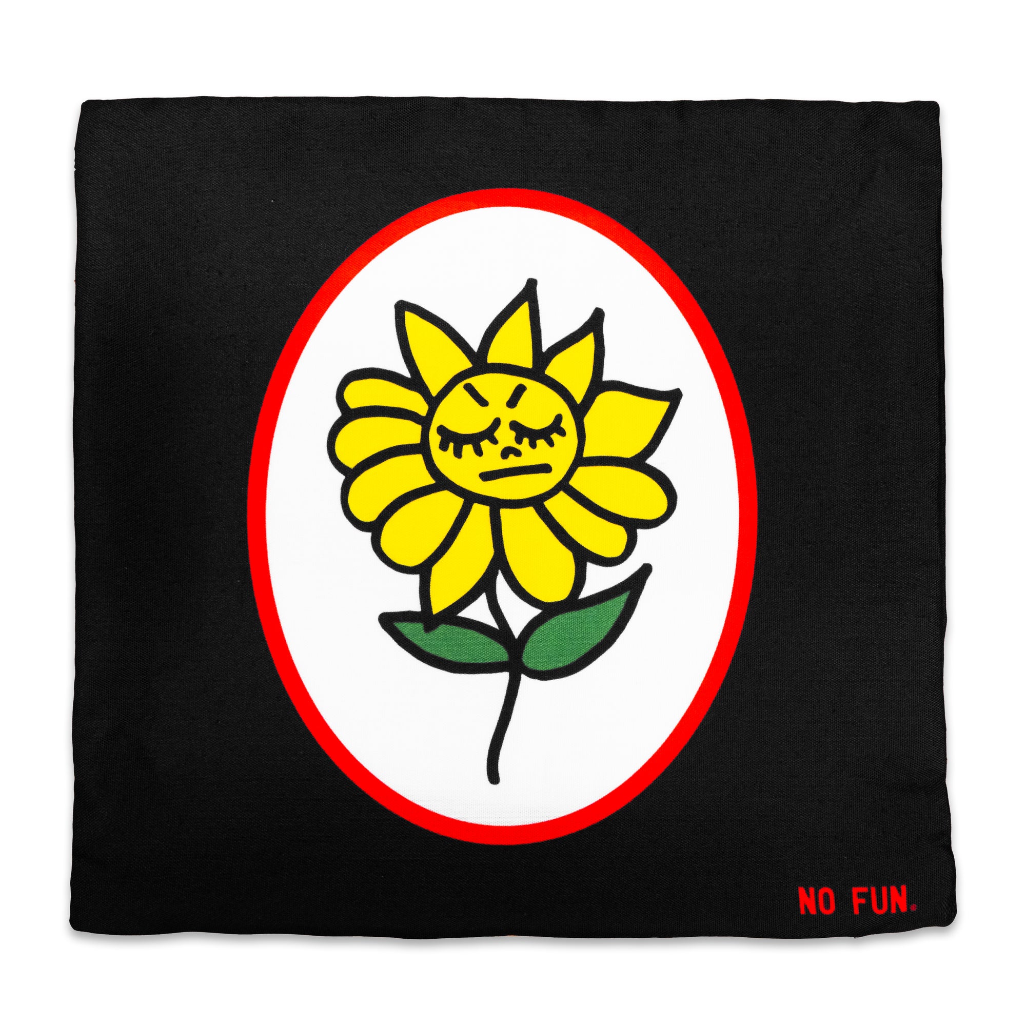 The "Angry Flower & Butterfly" Pillowcase by No Fun®. Pillowcase is black, with a double sided design. This side has a red and white oval, with a yellow cartoon flower in the center. The flower has an angry expression, and two green leaves. There is a small, red, "No Fun®" logo in the bottom right hand corner of the pillowcase.