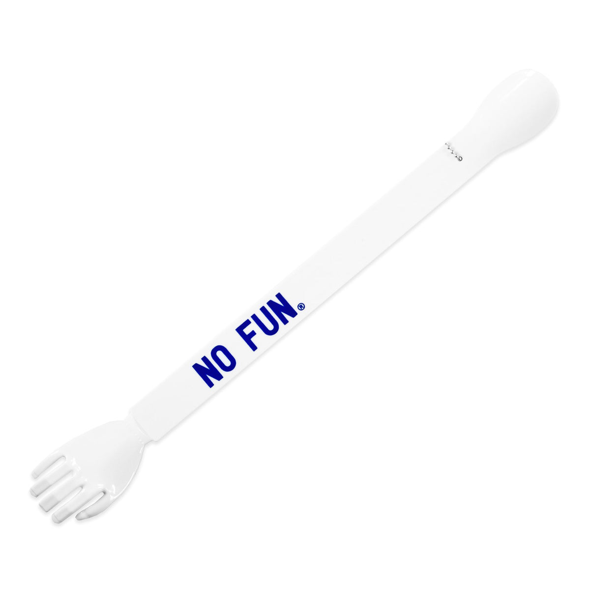 Photo of a white double ended shoe horn and back scratcher against a white background.  A blue "NO FUN®" logo is visible to the camera, as well as a chain to hang the item.